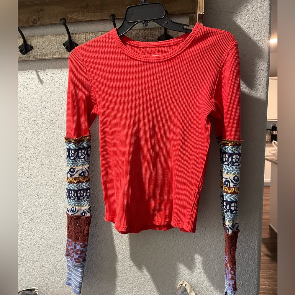 Free People Red Long Sleeve Top with Multicolor Patterned Sleeves
